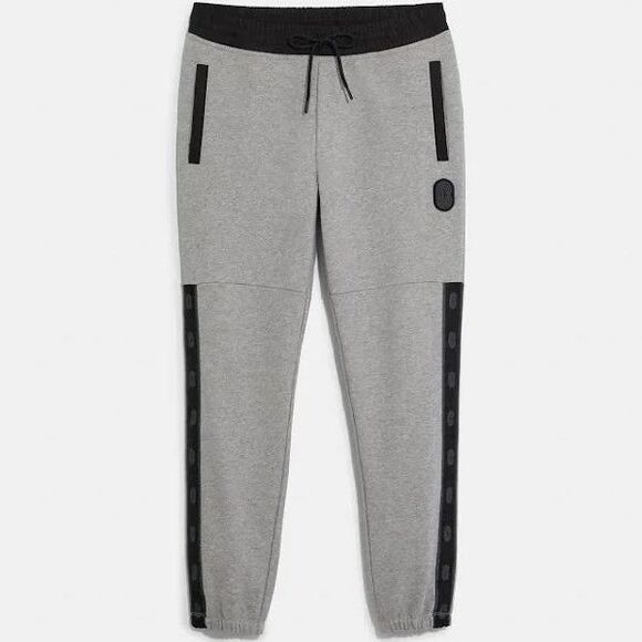 Authetic $295 Coach Mens Medium Gray Black Preloved EUC Cotton Joggers Logo Tape - Picture 1 of 7